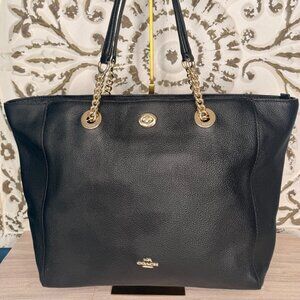 COACH 56830 Black Pebbled Leather Chain Tote Shoulder Bag Gold Hardware